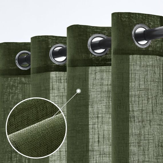 Woaboy Leinen Gardinen Grün Vorhänge Wohnzimmer Halbtransparent mit Ösen Stores Gardine Leinenoptik Schlafzimmer Modern Ösenvorhang Schlaufengardinen 2er Set 140x245cm (BxH) Matcha Grün
