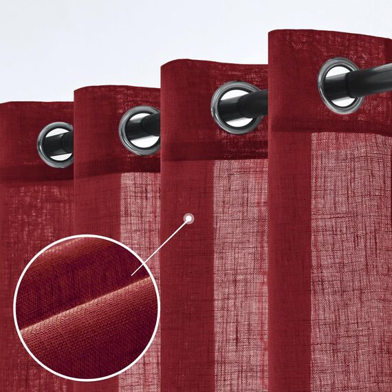 Woaboy Leinen Gardinen Halbtransparent Vorhänge Leinenoptik Wohnzimmer mit Ösen Stores Gardine Schlafzimmer Modern Ösenvorhang Schlaufengardinen 2er Set 140x225cm (BxH) Wein Rot