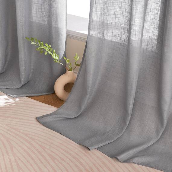 Woaboy Leinen Kruz Gardinen Grau Vorhänge Wohnzimmer Halbtransparent mit Ösen Stores Gardine Leinenoptik Schlafzimmer Modern Ösenvorhang Schlaufengardinen 2er Set 140x160cm (BxH) Grau