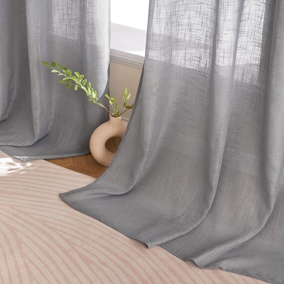 Woaboy Leinen Gardinen Grau Vorhänge Wohnzimmer Halbtransparent mit Ösen Stores Gardine Leinenoptik Schlafzimmer Modern Ösenvorhang Schlaufengardinen 2er Set 140x260cm (BxH) Grau