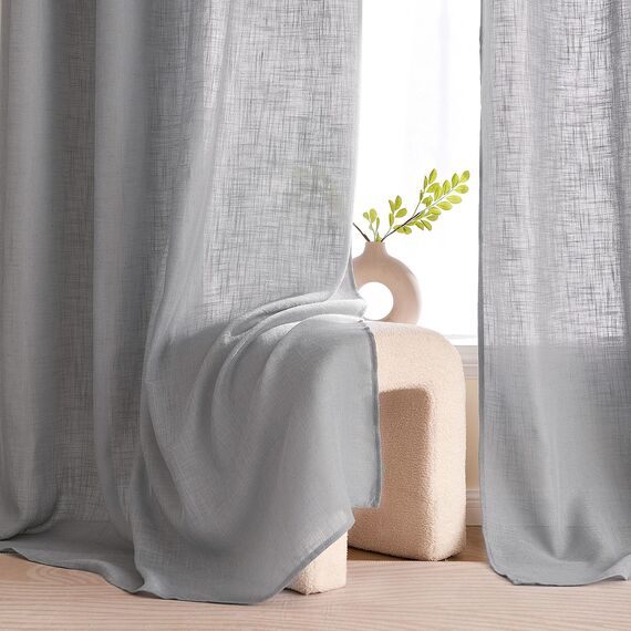 Woaboy Leinen Gardinen Grau Vorhänge Wohnzimmer Halbtransparent mit Ösen Stores Gardine Leinenoptik Schlafzimmer Modern Ösenvorhang Schlaufengardinen 2er Set 140x245cm (BxH) Grau