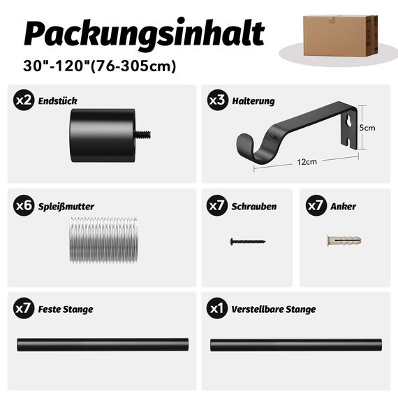 Schwarz Gardinenstange Vorhangstange Ausziehbar Curtain Rod Gardinenstangen für Fenster Outdoor (Schwarz Matt, 76 to 305 cm, A2, 2Pcs)