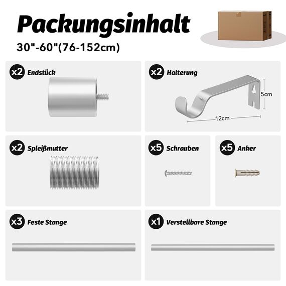 Silber Gardinenstange Vorhangstange Ausziehbar Curtain Rod Gardinenstangen für Fenster Outdoor (Silber, 76 to 152 cm, A2)