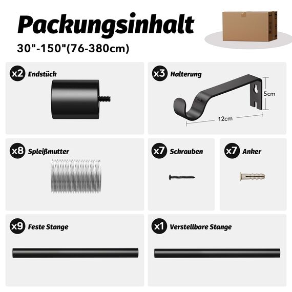 Schwarz Gardinenstange Vorhangstange Ausziehbar Curtain Rod Gardinenstangen für Fenster Outdoor (Schwarz Matt, 76 to 380 cm, A2, 2Pcs)