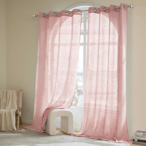 Woaboy Leinen Gardinen Vorhänge Wohnzimmer Halbtransparent mit Ösen Stores Gardine Leinenoptik Schlafzimmer Modern Ösenvorhang Schlaufengardinen 2er Set 140x260cm (BxH) Rosa