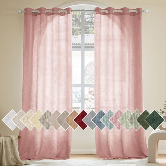 Woaboy Leinen Gardinen Vorhänge Wohnzimmer Halbtransparent mit Ösen Stores Gardine Leinenoptik Schlafzimmer Modern Ösenvorhang Schlaufengardinen 2er Set 140x245cm (BxH) Rosa