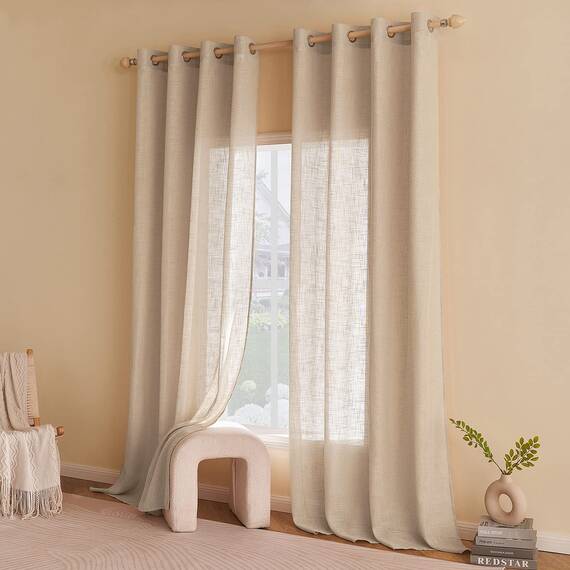 Woaboy Leinen Gardinen Vorhänge Wohnzimmer Halbtransparent mit Ösen Stores Gardine Leinenoptik Schlafzimmer Modern Ösenvorhang Schlaufengardinen 2er Set 140x245cm (BxH) Hellbraun
