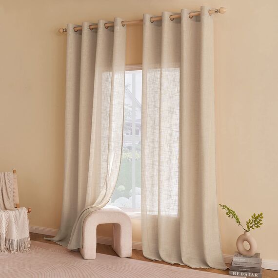 Woaboy Leinen Gardinen Vorhänge Wohnzimmer Halbtransparent mit Ösen Stores Gardine Leinenoptik Schlafzimmer Modern Ösenvorhang Schlaufengardinen 2er Set 140x280cm (BxH) Hellbraun