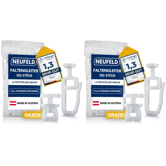 NEUFELD® 120 Gardinengleiter für Innenlaufschienen (inkl. 6 Feststeller) | 7mm Faltengleiter für Gardinenschienen, Vorhangschienen | Gardinenrollen (Packung mit 2)