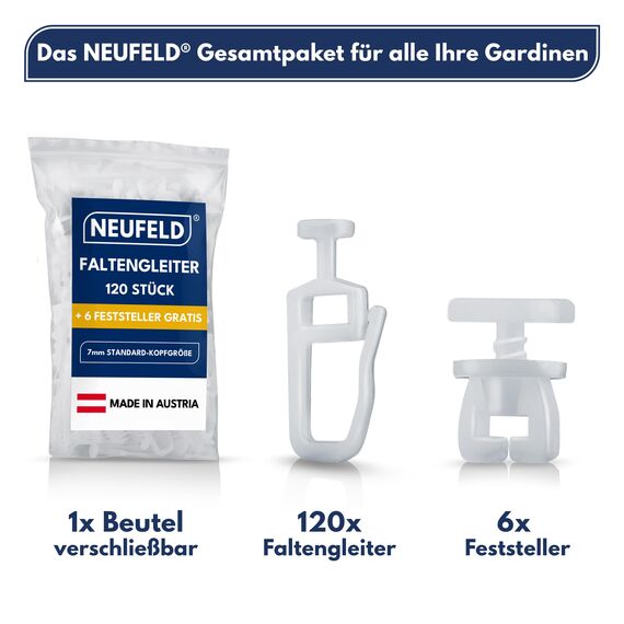 NEUFELD® 120 Gardinengleiter für Innenlaufschienen (inkl. 6 Feststeller) | 7mm Faltengleiter für Gardinenschienen, Vorhangschienen | Gardinenrollen (Packung mit 2)