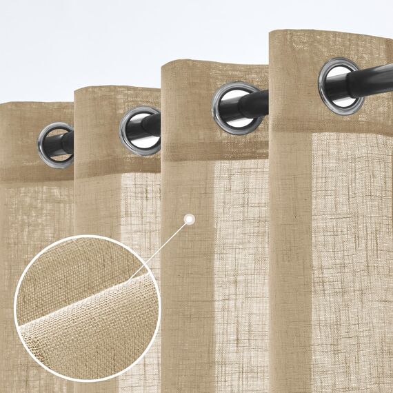 Woaboy Leinen Gardinen Beige Vorhänge Wohnzimmer Halbtransparent mit Ösen Stores Gardine Leinenoptik Schlafzimmer Modern Ösenvorhang Schlaufengardinen 2er Set 140x280cm (BxH) Beige