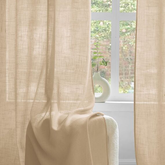 Woaboy Leinen Gardinen Beige Vorhänge Wohnzimmer Halbtransparent mit Ösen Stores Gardine Leinenoptik Schlafzimmer Modern Ösenvorhang Schlaufengardinen 2er Set 140x260cm (BxH) Beige