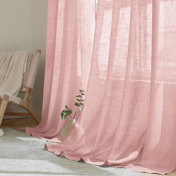 Woaboy Leinen Gardinen Vorhänge Wohnzimmer Halbtransparent mit Ösen Stores Gardine Leinenoptik Schlafzimmer Modern Ösenvorhang Schlaufengardinen 2er Set 140x260cm (BxH) Rosa
