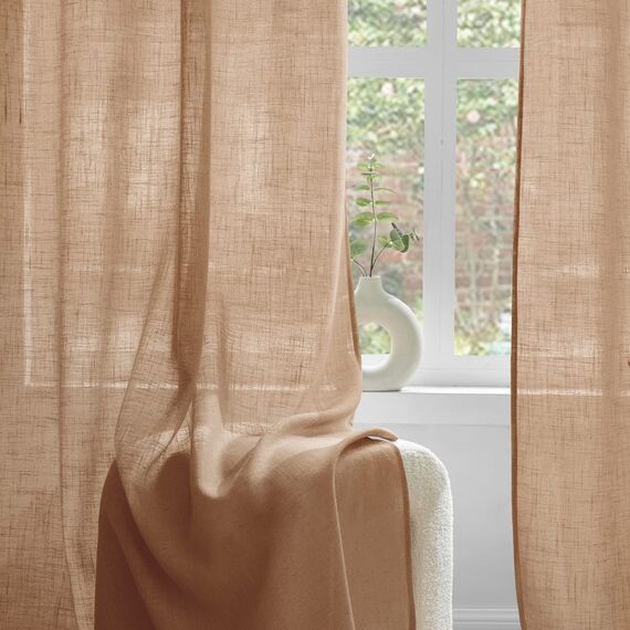 Woaboy Leinen Gardinen Vorhänge Wohnzimmer Halbtransparent mit Ösen Stores Gardine Leinenoptik Schlafzimmer Modern Ösenvorhang Schlaufengardinen 2er Set 140x280cm (BxH) Braun