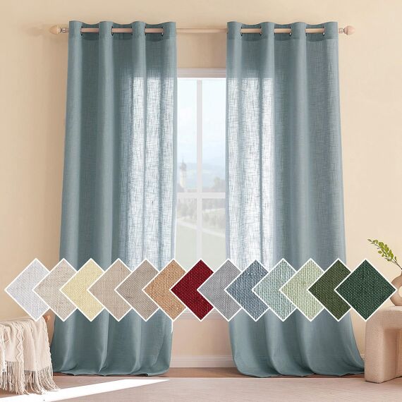 Woaboy Leinen Gardinen Halbtransparent Vorhänge Leinenoptik Wohnzimmer mit Ösen Stores Gardine Schlafzimmer Modern Ösenvorhang Schlaufengardinen 2er Set 140x260cm (BxH) Navy Blau