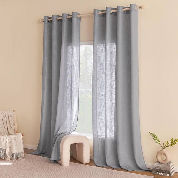 Woaboy Leinen Gardinen Grau Vorhänge Wohnzimmer Halbtransparent mit Ösen Stores Gardine Leinenoptik Schlafzimmer Modern Ösenvorhang Schlaufengardinen 2er Set 140x280cm (BxH) Grau