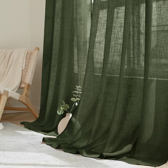 Woaboy Leinen Gardinen Grün Vorhänge Wohnzimmer Halbtransparent mit Ösen Stores Gardine Leinenoptik Schlafzimmer Modern Ösenvorhang Schlaufengardinen 2er Set 140x260cm (BxH) Matcha Grün