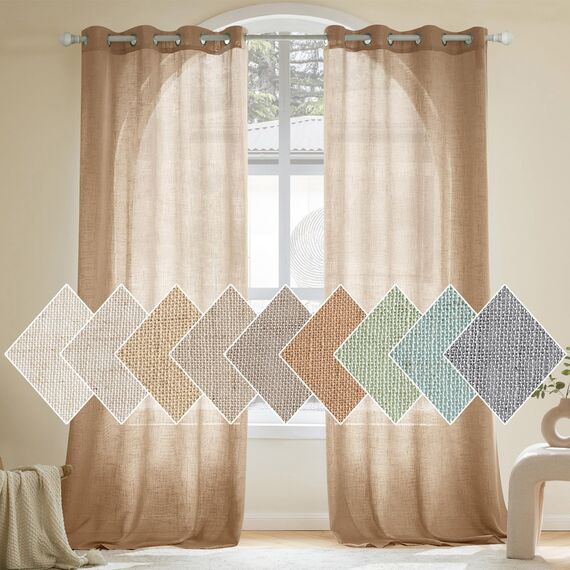 Woaboy Leinen Gardinen Vorhänge Wohnzimmer Halbtransparent mit Ösen Stores Gardine Leinenoptik Schlafzimmer Modern Ösenvorhang Schlaufengardinen 2er Set 140x280cm (BxH) Braun