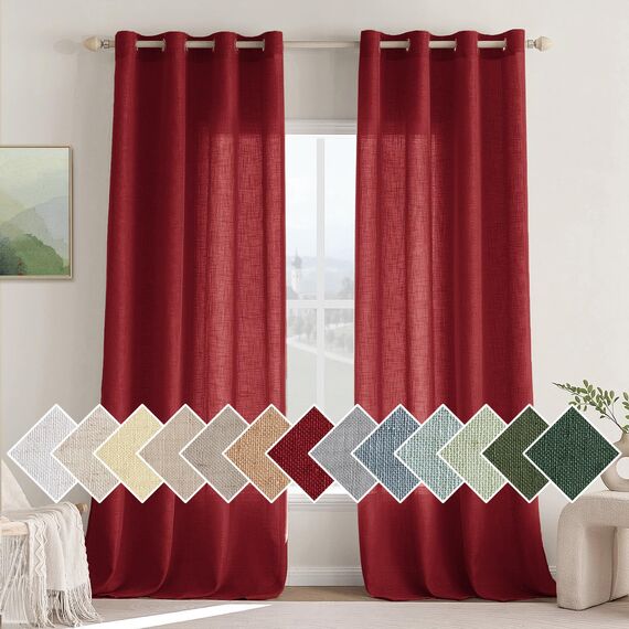 Woaboy Leinen Gardinen Halbtransparent Vorhänge Leinenoptik Wohnzimmer mit Ösen Stores Gardine Schlafzimmer Modern Ösenvorhang Schlaufengardinen 2er Set 140x245cm (BxH) Wein Rot