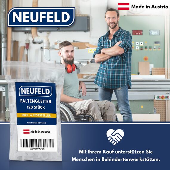 NEUFELD® 120 Gardinengleiter für Innenlaufschienen (inkl. 6 Feststeller) | 7mm Faltengleiter für Gardinenschienen, Vorhangschienen | Gardinenrollen (Packung mit 2)