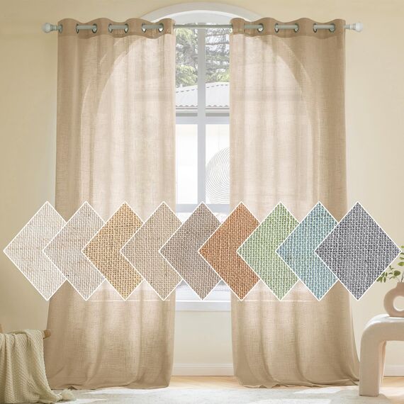 Woaboy Leinen Gardinen Beige Vorhänge Wohnzimmer Halbtransparent mit Ösen Stores Gardine Leinenoptik Schlafzimmer Modern Ösenvorhang Schlaufengardinen 2er Set 140x260cm (BxH) Beige