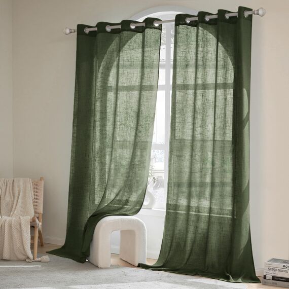 Woaboy Leinen Gardinen Grün Vorhänge Wohnzimmer Halbtransparent mit Ösen Stores Gardine Leinenoptik Schlafzimmer Modern Ösenvorhang Schlaufengardinen 2er Set 140x260cm (BxH) Matcha Grün