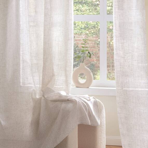 Woaboy Leinen Gardinen Weiß Vorhänge Wohnzimmer Halbtransparent mit Ösen Stores Gardine Leinenoptik Schlafzimmer Modern Ösenvorhang Schlaufengardinen 2er Set 140x260cm (BxH) Reines Weiß