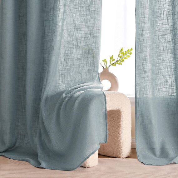 Woaboy Leinen Gardinen Halbtransparent Vorhänge Leinenoptik Wohnzimmer mit Ösen Stores Gardine Schlafzimmer Modern Ösenvorhang Schlaufengardinen 2er Set 140x260cm (BxH) Navy Blau