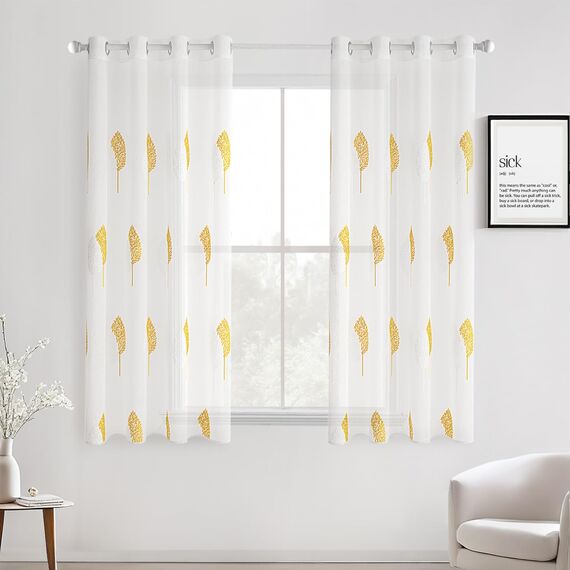 MIULEE Wohnzimmer Vorhänge Transparent mit Gelb und Weiss Blätter Muster, Modern Stickerei Gardinen Ösen für Schlafzimmer Deko, 2er Set Schöne Blätter Muster Vorhang Fenster H 175 x B 140