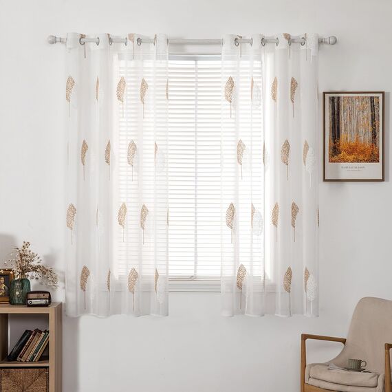 MIULEE Kurz Vorhänge Transparent mit Braun und Weiss Blätter Muster, Modern Stickerei Gardinen Ösen Für Kleines Fenster Kurzgardine, 2er Set Schöne Blätter Muster Vorhang Fenster H 160 x B 140