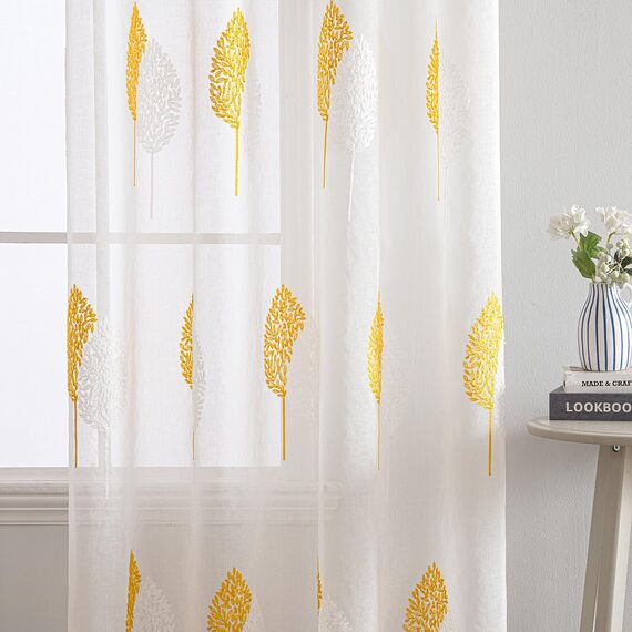 MIULEE Wohnzimmer Vorhänge Transparent mit Gelb und Weiss Blätter Muster, Modern Stickerei Gardinen Ösen für Schlafzimmer Deko, 2er Set Schöne Blätter Muster Vorhang Fenster H 175 x B 140