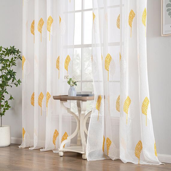 MIULEE Wohnzimmer Vorhänge Transparent mit Gelb und Weiss Blätter Muster, Modern Stickerei Gardinen Ösen für Schlafzimmer Deko, 2er Set Schöne Blätter Muster Vorhang Fenster H 175 x B 140