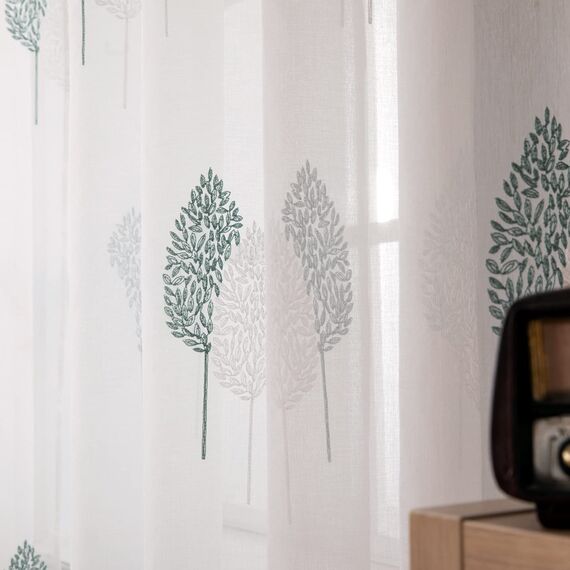 MIULEE Kurz Vorhänge Transparent mit Türkis und Weiss Blätter Muster, Modern Stickerei Gardinen Ösen Für Kleines Fenster Kurzgardine, 2er Set Schöne Blätter Muster Vorhang Fenster H 145 x B 140