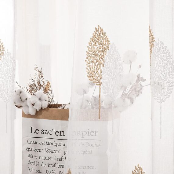 MIULEE Kurz Vorhänge Transparent mit Braun und Weiss Blätter Muster, Modern Stickerei Gardinen Ösen Für Kleines Fenster Kurzgardine, 2er Set Schöne Blätter Muster Vorhang Fenster H 160 x B 140