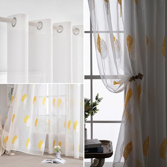 MIULEE Wohnzimmer Vorhänge Transparent mit Gelb und Weiss Blätter Muster, Modern Stickerei Gardinen Ösen für Schlafzimmer Deko, 2er Set Schöne Blätter Muster Vorhang Fenster H 175 x B 140