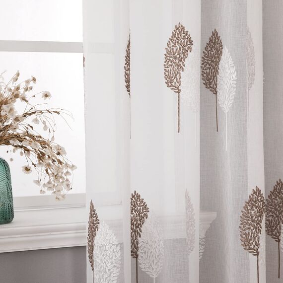 MIULEE Wohnzimmer Vorhänge Transparent mit Kaffee und Weiss Blätter Muster, Modern Stickerei Gardinen Ösen für Schlafzimmer Deko, 2er Set Schöne Blätter Muster Vorhang Fenster H 175 x B 140