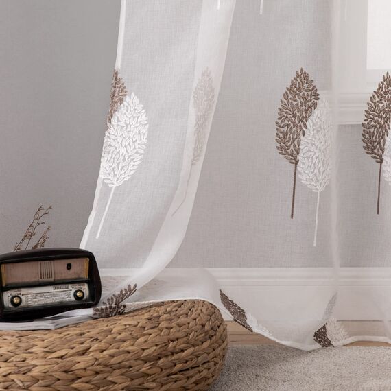 MIULEE Wohnzimmer Vorhänge Transparent mit Kaffee und Weiss Blätter Muster, Modern Stickerei Gardinen Ösen für Schlafzimmer Deko, 2er Set Schöne Blätter Muster Vorhang Fenster H 175 x B 140