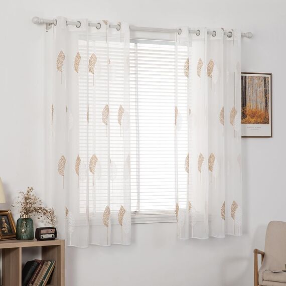 MIULEE Kurz Vorhänge Transparent mit Braun und Weiss Blätter Muster, Modern Stickerei Gardinen Ösen Für Kleines Fenster Kurzgardine, 2er Set Schöne Blätter Muster Vorhang Fenster H 160 x B 140