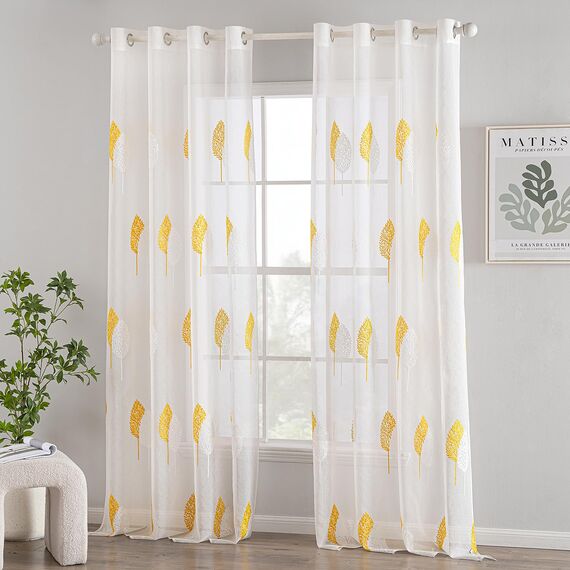 MIULEE Wohnzimmer Vorhänge Transparent mit Gelb und Weiss Blätter Muster, Modern Stickerei Gardinen Ösen für Schlafzimmer Deko, 2er Set Schöne Blätter Muster Vorhang Fenster H 175 x B 140