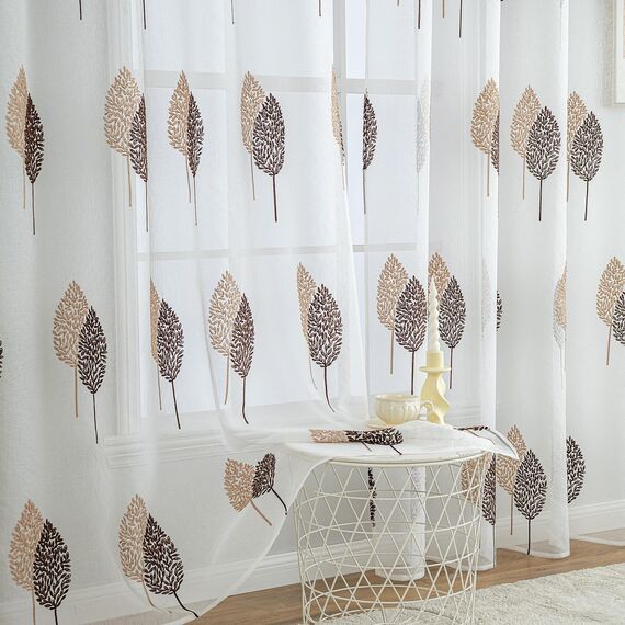 MIULEE Wohnzimmer Vorhänge Transparent mit Kaffee und Braun Blätter Muster, Modern Stickerei Gardinen Ösen für Schlafzimmer Deko, 2er Set Schöne Blätter Muster Herbst Vorhang Fenster H 200 x B 140