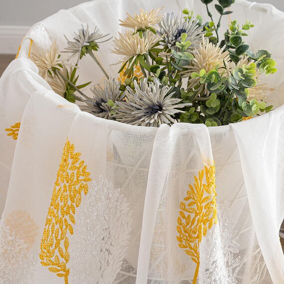 MIULEE Wohnzimmer Vorhänge Transparent mit Gelb und Weiss Blätter Muster, Modern Stickerei Gardinen Ösen für Schlafzimmer Deko, 2er Set Schöne Blätter Muster Vorhang Fenster H 175 x B 140