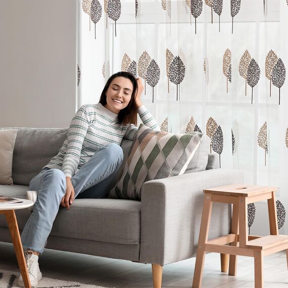 MIULEE Kurz Vorhänge Transparent mit Kaffee und Braun Blätter Muster, Modern Stickerei Gardinen Ösen Für Kleines Fenster Kurzgardine, 2er Set Schöne Blätter Muster Vorhang Fenster H 160 x B 140
