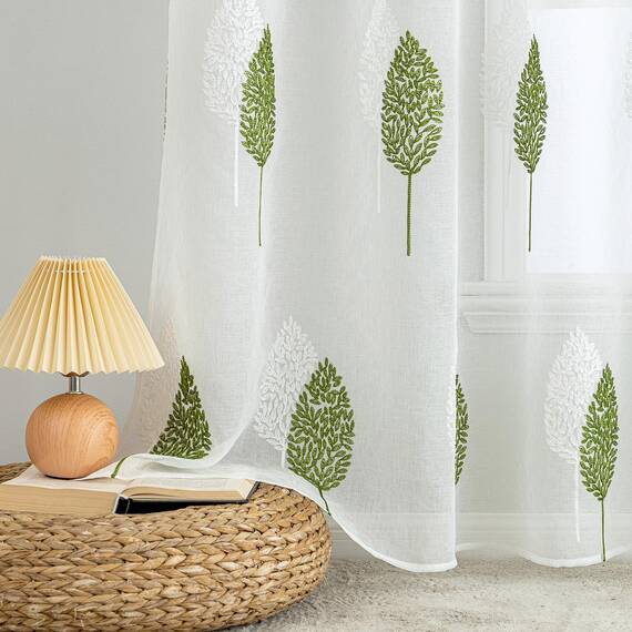 MIULEE Kurz Vorhänge Transparent mit Grün und Weiss Blätter Muster, Modern Stickerei Gardinen Ösen Für Kleines Fenster Kurzgardine, 2er Set Schöne Blätter Muster Vorhang Fenster H 145 x B 140