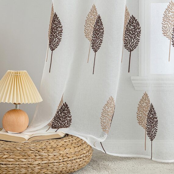 MIULEE Kurz Vorhänge Transparent mit Kaffee und Braun Blätter Muster, Modern Stickerei Gardinen Ösen Für Kleines Fenster Kurzgardine, 2er Set Schöne Blätter Muster Vorhang Fenster H 160 x B 140