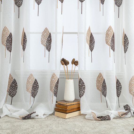 MIULEE Kurz Vorhänge Transparent mit Kaffee und Braun Blätter Muster, Modern Stickerei Gardinen Ösen Für Kleines Fenster Kurzgardine, 2er Set Schöne Blätter Muster Vorhang Fenster H 160 x B 140