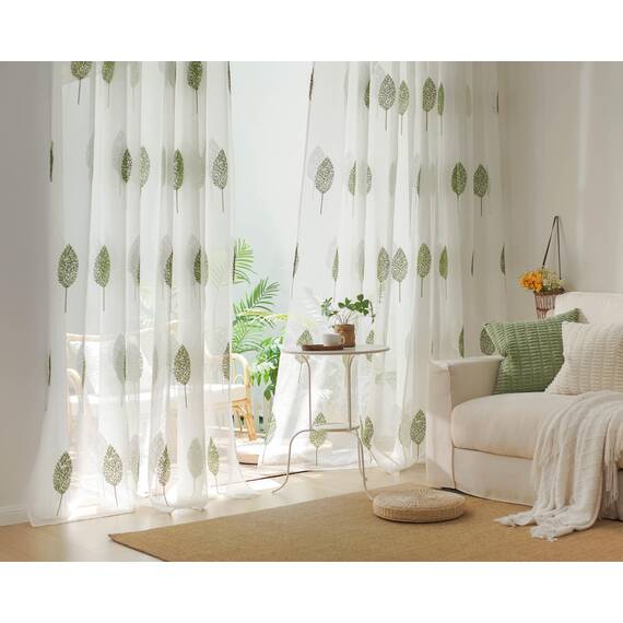 MIULEE Kurz Vorhänge Transparent mit Grün und Weiss Blätter Muster, Modern Stickerei Gardinen Ösen Für Kleines Fenster Kurzgardine, 2er Set Schöne Blätter Muster Vorhang Fenster H 145 x B 140