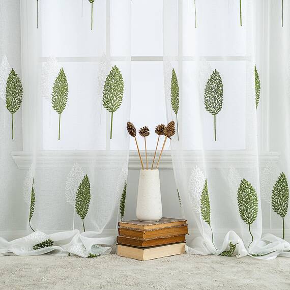 MIULEE Kurz Vorhänge Transparent mit Grün und Weiss Blätter Muster, Modern Stickerei Gardinen Ösen Für Kleines Fenster Kurzgardine, 2er Set Schöne Blätter Muster Vorhang Fenster H 145 x B 140
