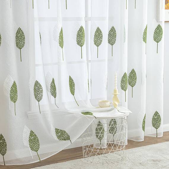 MIULEE Kurz Vorhänge Transparent mit Grün und Weiss Blätter Muster, Modern Stickerei Gardinen Ösen Für Kleines Fenster Kurzgardine, 2er Set Schöne Blätter Muster Vorhang Fenster H 145 x B 140