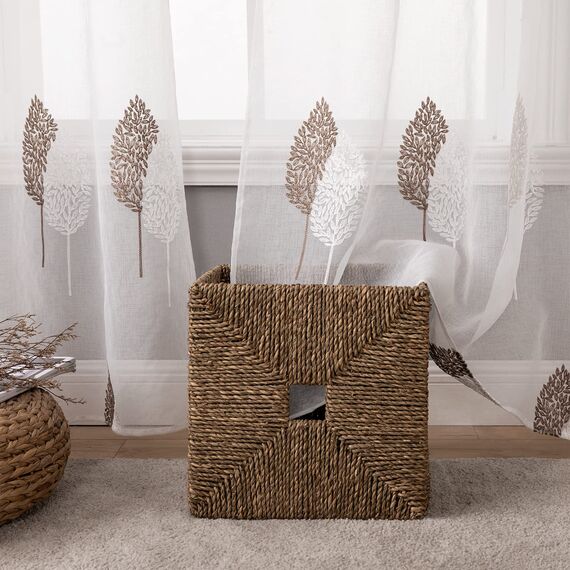 MIULEE Wohnzimmer Vorhänge Transparent mit Kaffee und Weiss Blätter Muster, Modern Stickerei Gardinen Ösen für Schlafzimmer Deko, 2er Set Schöne Blätter Muster Vorhang Fenster H 175 x B 140