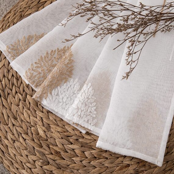 MIULEE Kurz Vorhänge Transparent mit Braun und Weiss Blätter Muster, Modern Stickerei Gardinen Ösen Für Kleines Fenster Kurzgardine, 2er Set Schöne Blätter Muster Vorhang Fenster H 160 x B 140